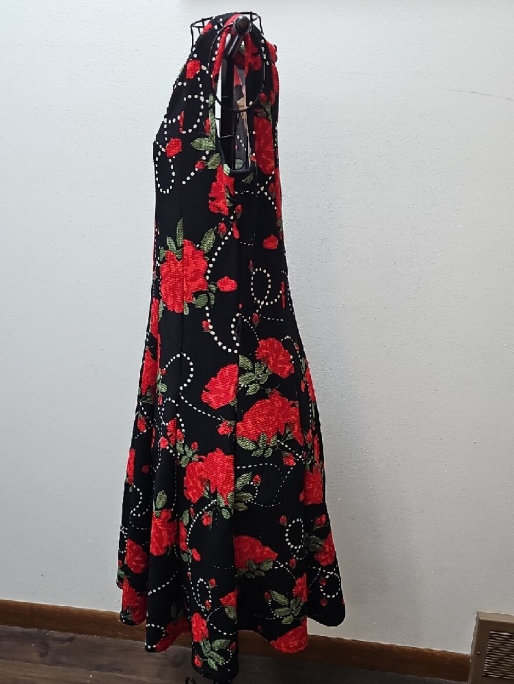 Womens Black Sleeveless Dress with Red Floral Print - Picture 2 of 5